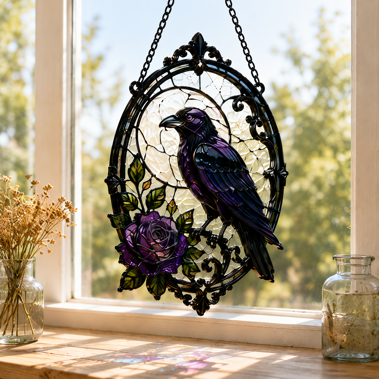 20 Style Raven Rose Suncatcher | Gothic Stained Glass Style Window Hanging | Crow Bird Decor | Witchy Gift | Car Ornament