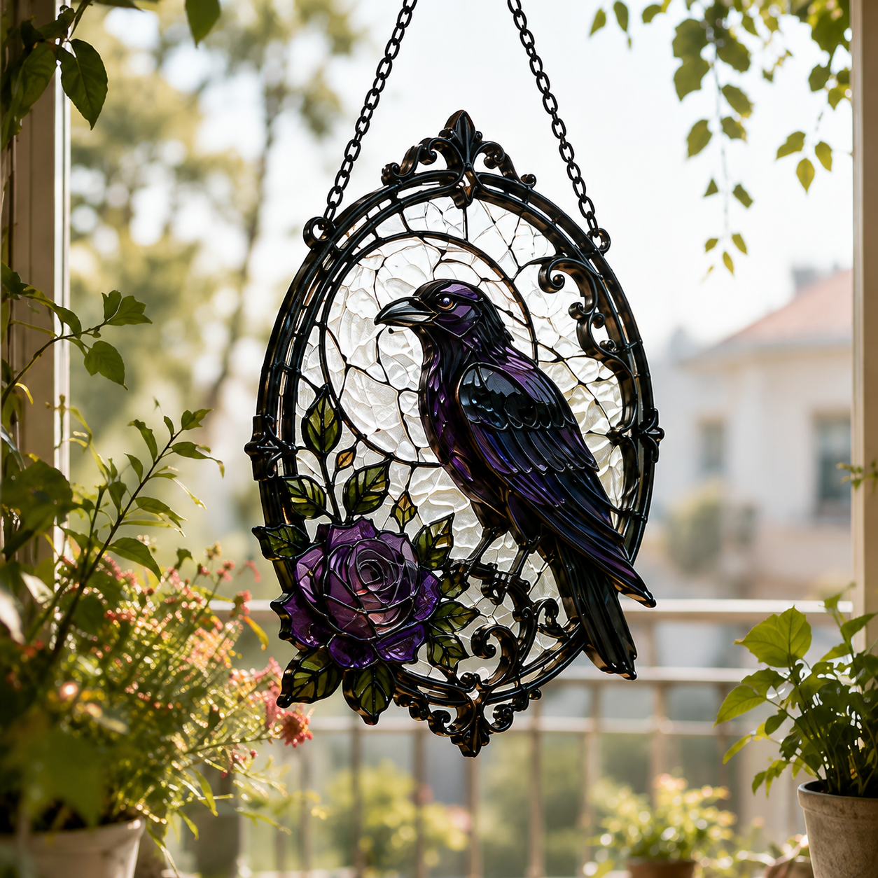 20 Style Raven Rose Suncatcher | Gothic Stained Glass Style Window Hanging | Crow Bird Decor | Witchy Gift | Car Ornament