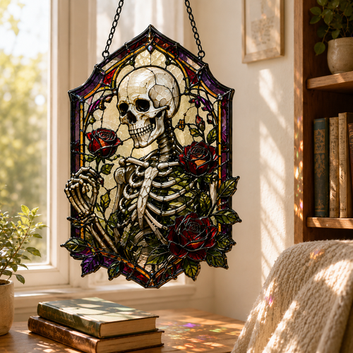 18 Style Gothic Skeleton Suncatcher | Rose Stained Glass Style Window Hanging | Dark Academia Decor | Witchy Gift | Car Ornament