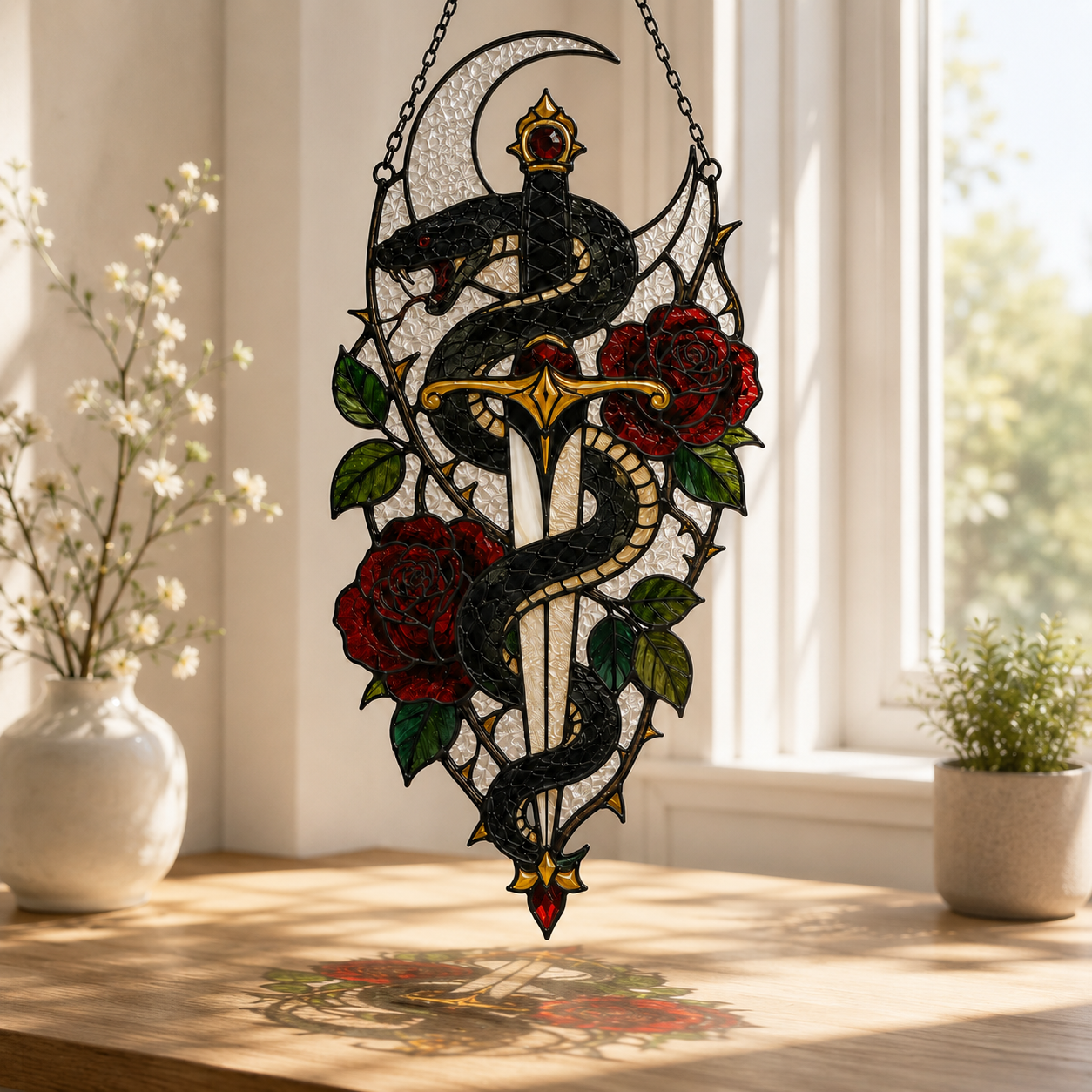 20 Style Gothic Snake Suncatcher | Serpent Sword Stained Glass Style Window Hanging | Witchy Rose Decor | Car Ornament Gift