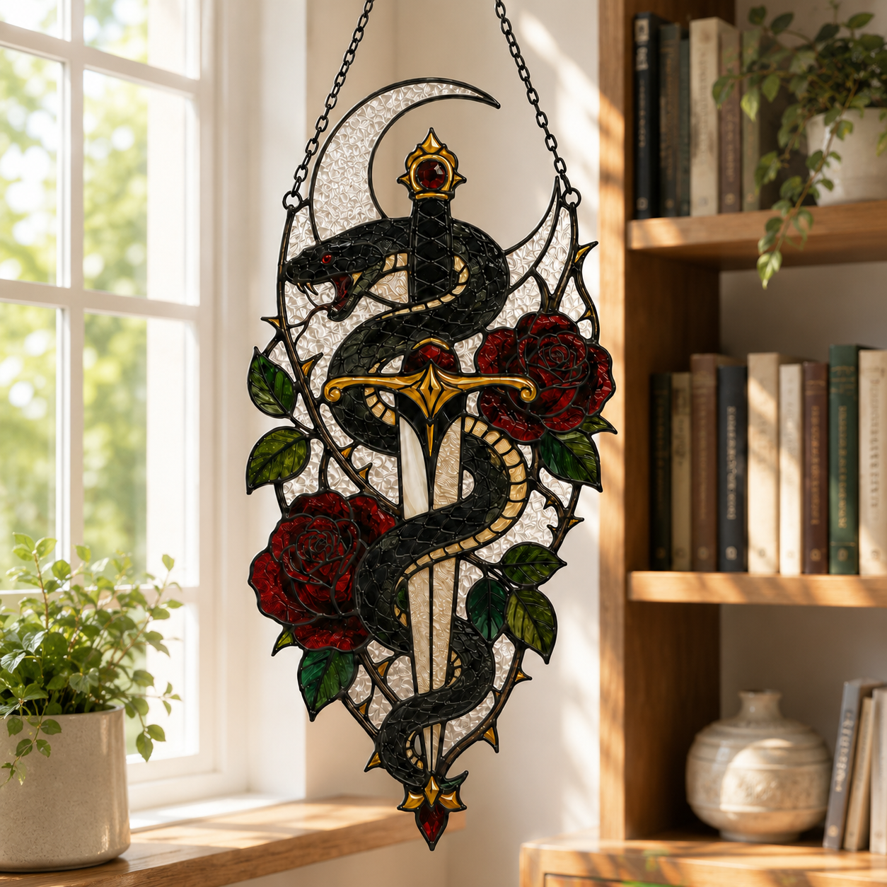 20 Style Gothic Snake Suncatcher | Serpent Sword Stained Glass Style Window Hanging | Witchy Rose Decor | Car Ornament Gift