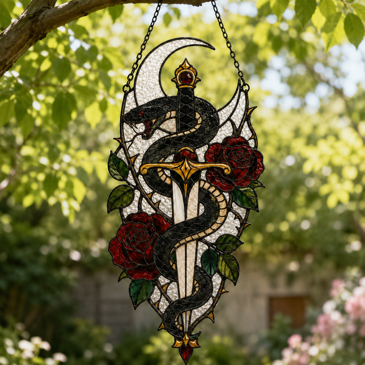 12 Style Gothic Raven Rose Suncatcher | Moon Stained Glass Style Window Hanging | Crow Bird Decor | Witchy Car Ornament Gift