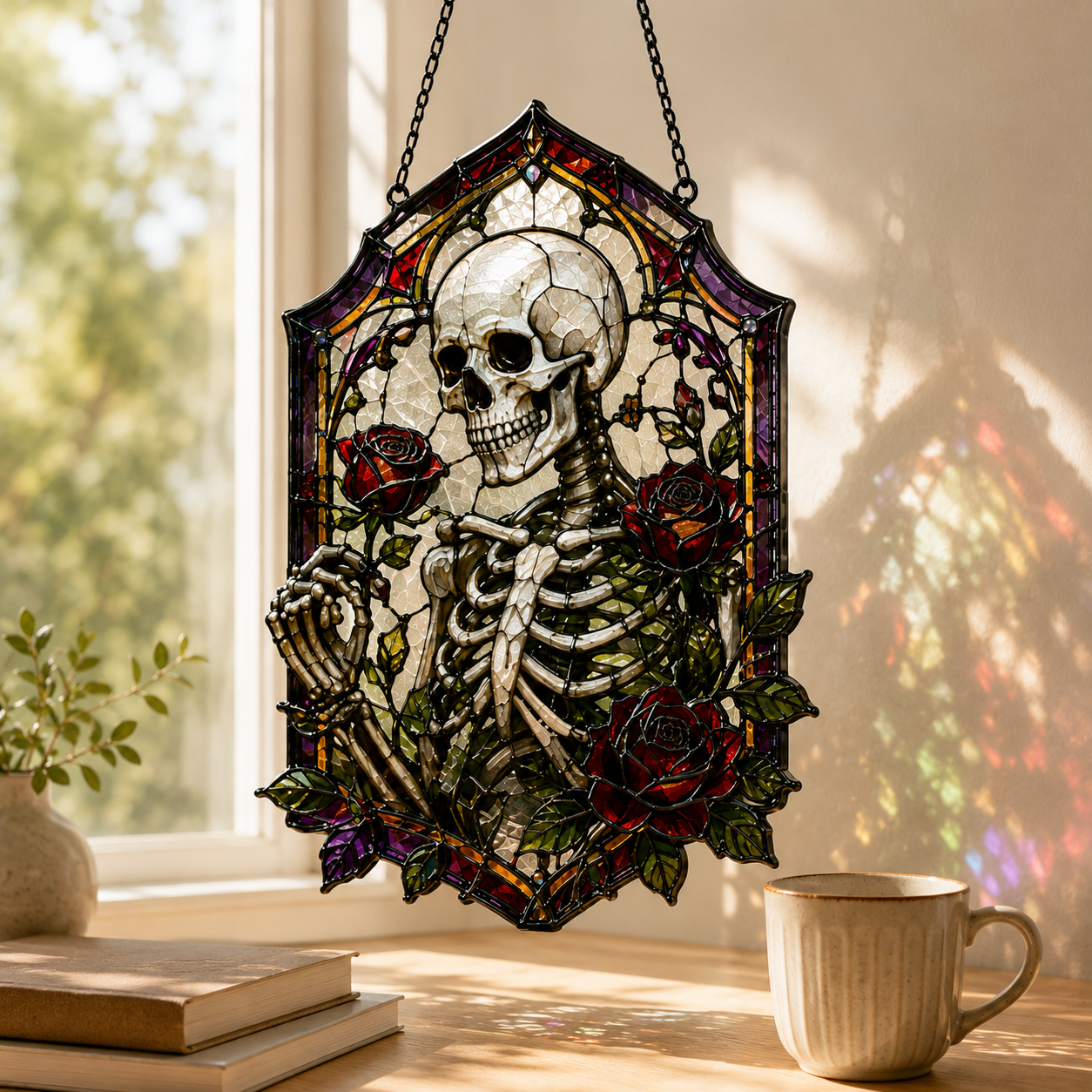 18 Style Gothic Skeleton Suncatcher | Rose Stained Glass Style Window Hanging | Dark Academia Decor | Witchy Gift | Car Ornament