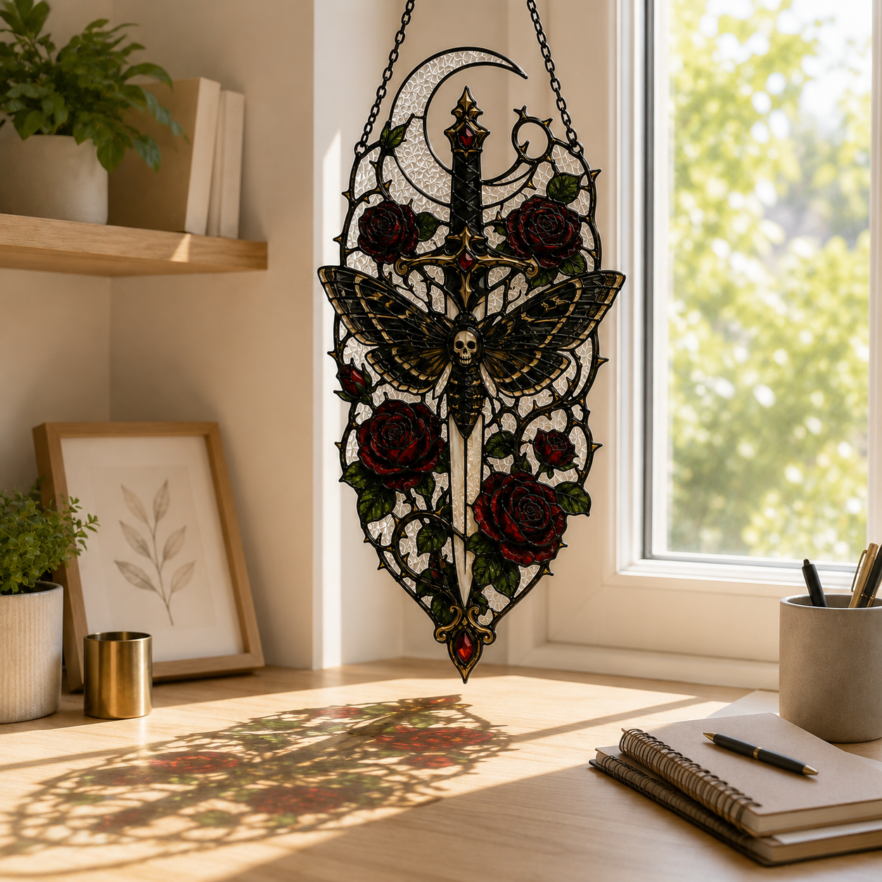 20 Style Gothic Moth Suncatcher | Death Moth Sword Stained Glass Style Window Hanging | Witchy Rose Decor | Car Ornament Gift