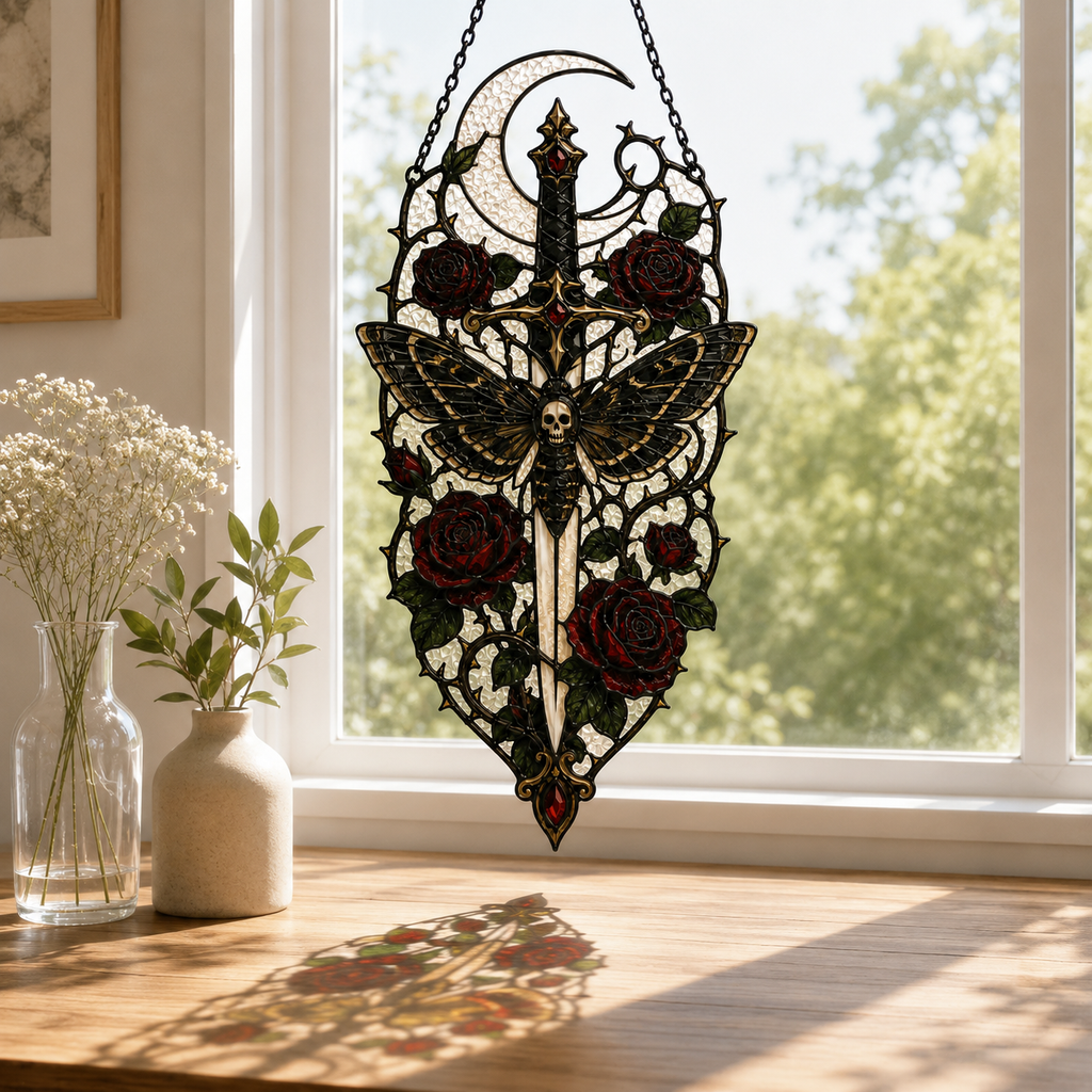 12 Style Gothic Key Suncatcher | Rose Moon Stained Glass Style Window Hanging | Witchy Wall Decor | Car Ornament Gift