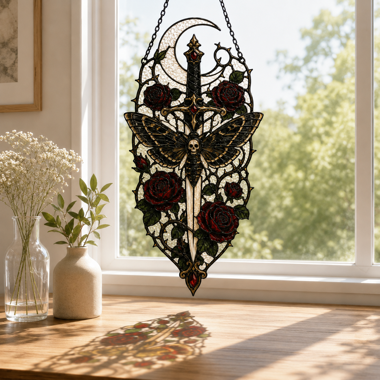 12 Style Gothic Key Suncatcher | Rose Moon Stained Glass Style Window Hanging | Witchy Wall Decor | Car Ornament Gift