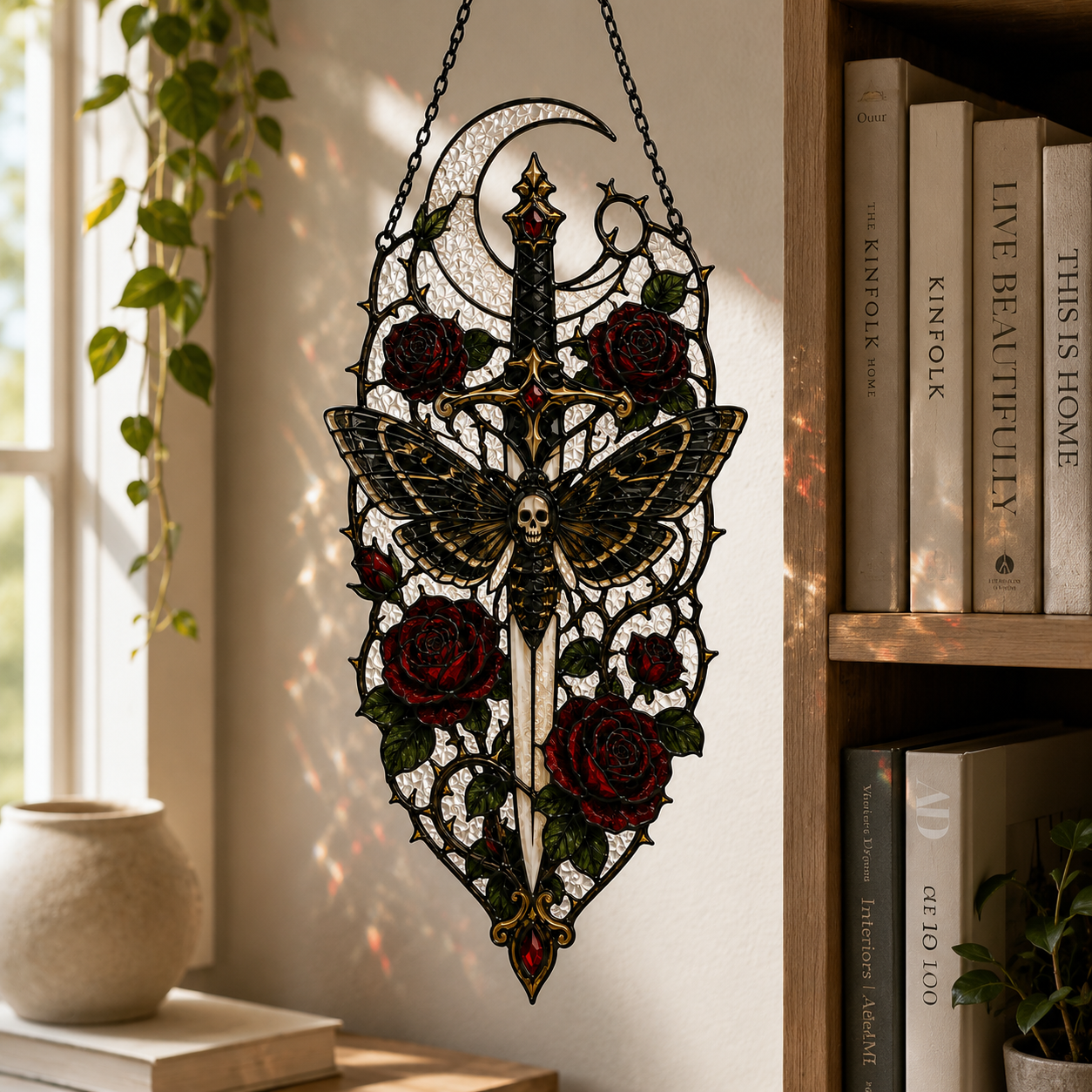 20 Style Gothic Moth Suncatcher | Death Moth Sword Stained Glass Style Window Hanging | Witchy Rose Decor | Car Ornament Gift
