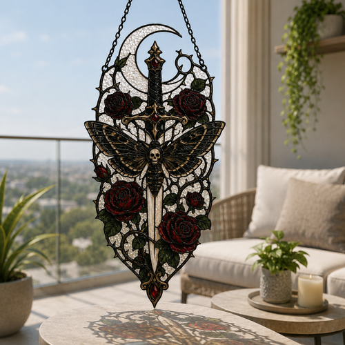 20 Style Gothic Moth Suncatcher | Death Moth Sword Stained Glass Style Window Hanging | Witchy Rose Decor | Car Ornament Gift