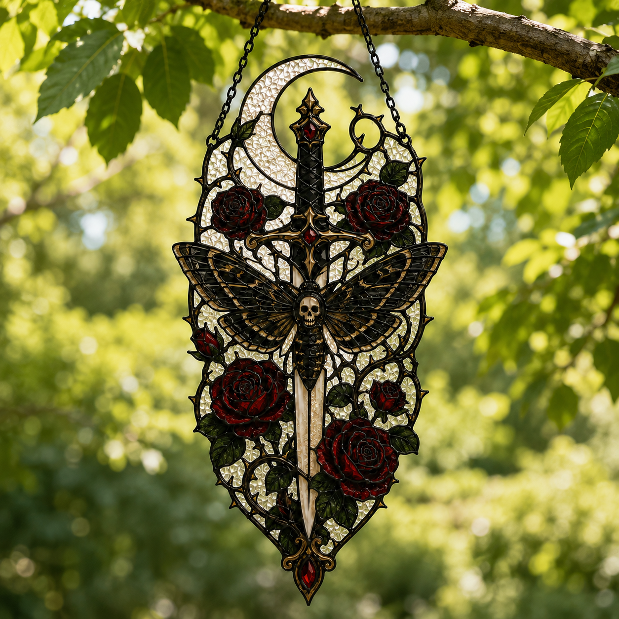 12 Style Gothic Candle Suncatcher | Rose Moon Stained Glass Style Window Hanging | Witchy Cathedral Window Decor | Car Ornament Gift