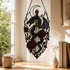 20 Style Gothic Dragon Sword Suncatcher | Stained Glass Style Window Hanging | Dark Romance Decor | Witchy Dragon Gift | Car Ornament