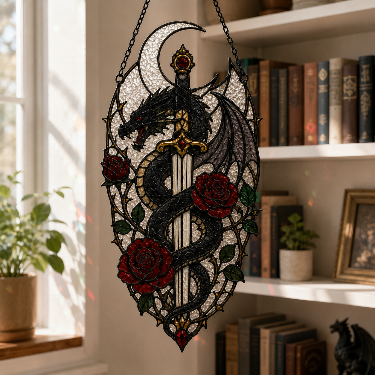 20 Style Gothic Dragon Sword Suncatcher | Stained Glass Style Window Hanging | Dark Romance Decor | Witchy Dragon Gift | Car Ornament