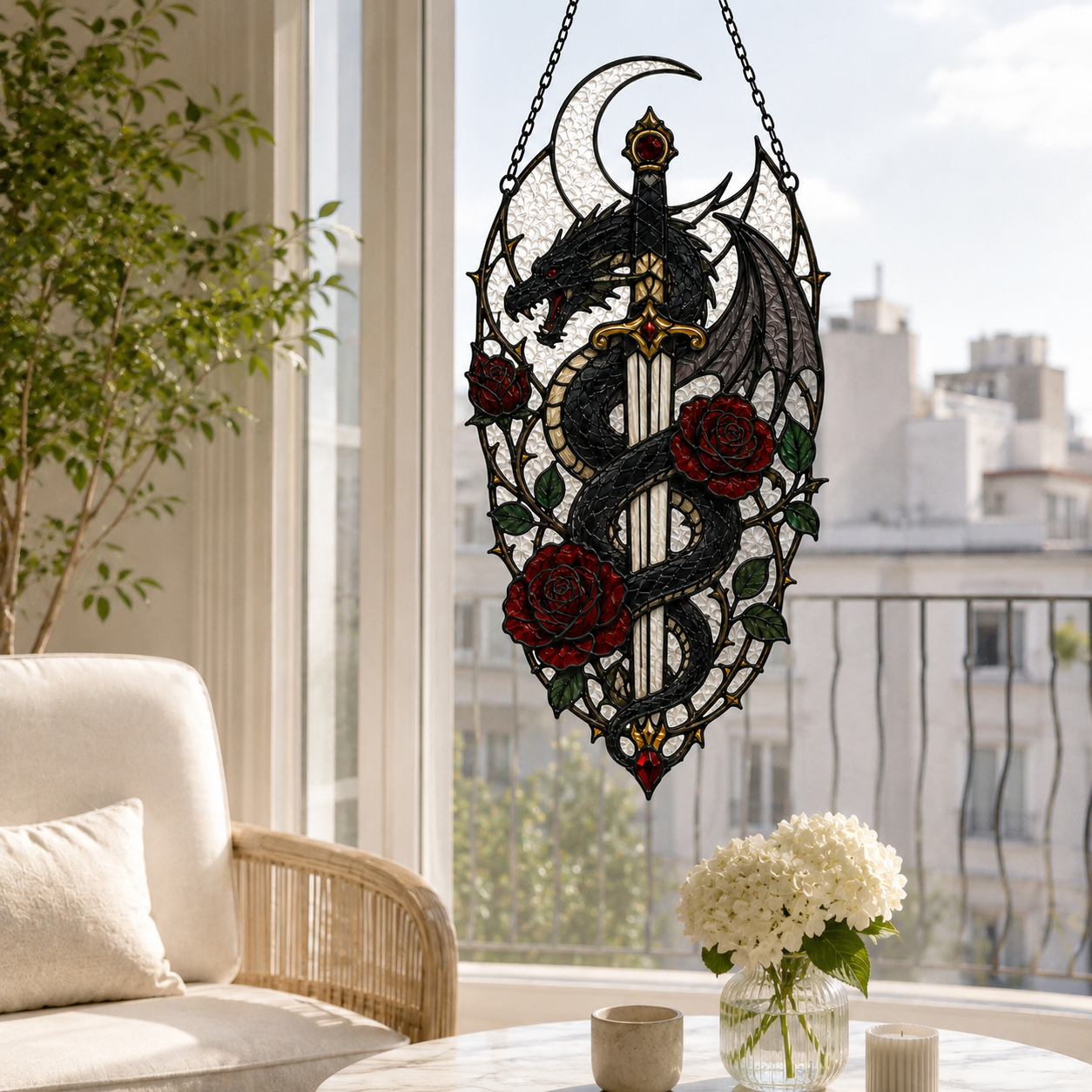 20 Style Gothic Dragon Sword Suncatcher | Stained Glass Style Window Hanging | Dark Romance Decor | Witchy Dragon Gift | Car Ornament