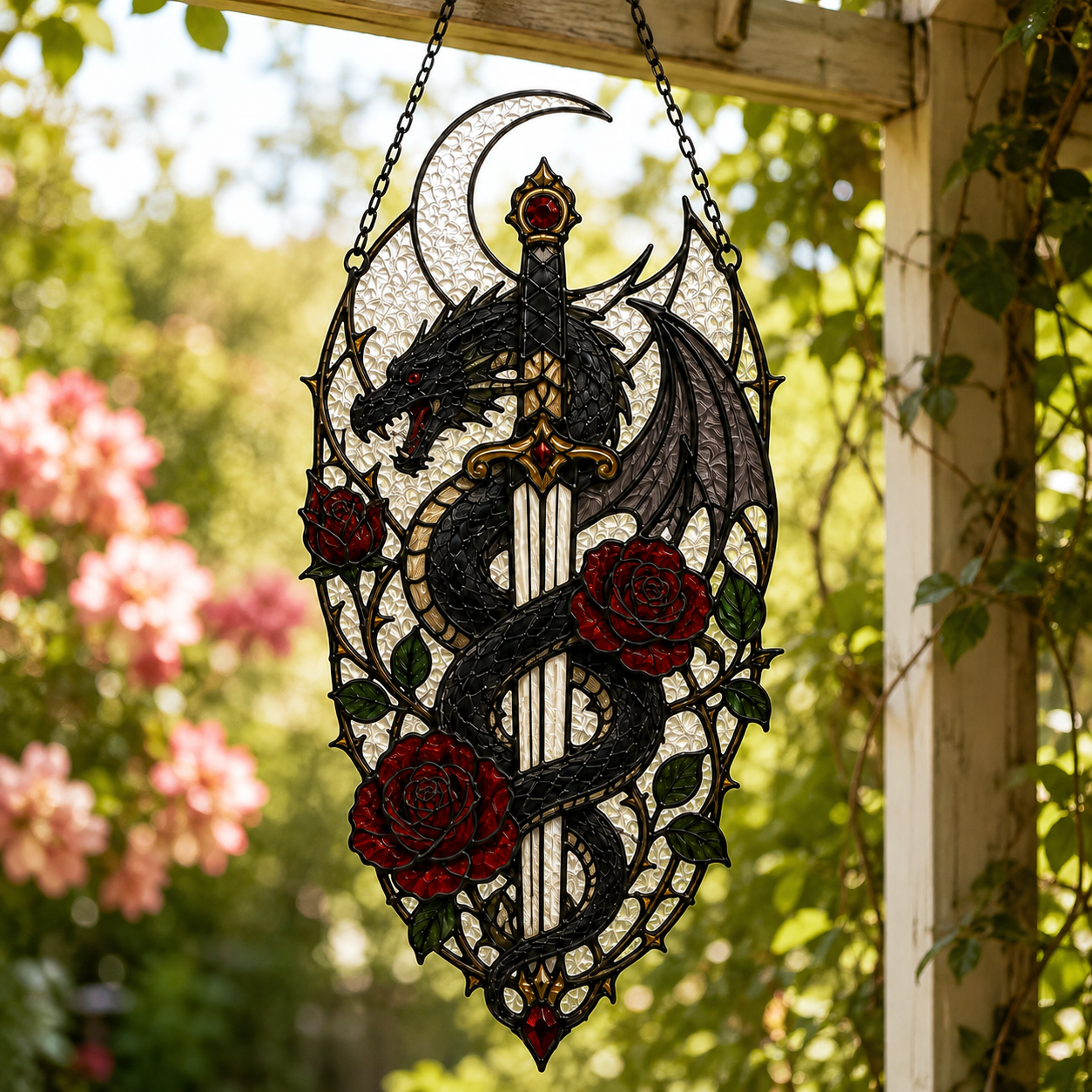 20 Style Gothic Dragon Sword Suncatcher | Stained Glass Style Window Hanging | Dark Romance Decor | Witchy Dragon Gift | Car Ornament