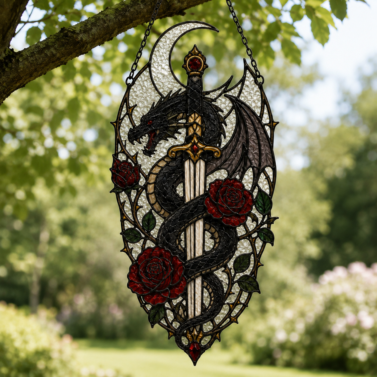 20 Style Gothic Dragon Sword Suncatcher | Stained Glass Style Window Hanging | Dark Romance Decor | Witchy Dragon Gift | Car Ornament