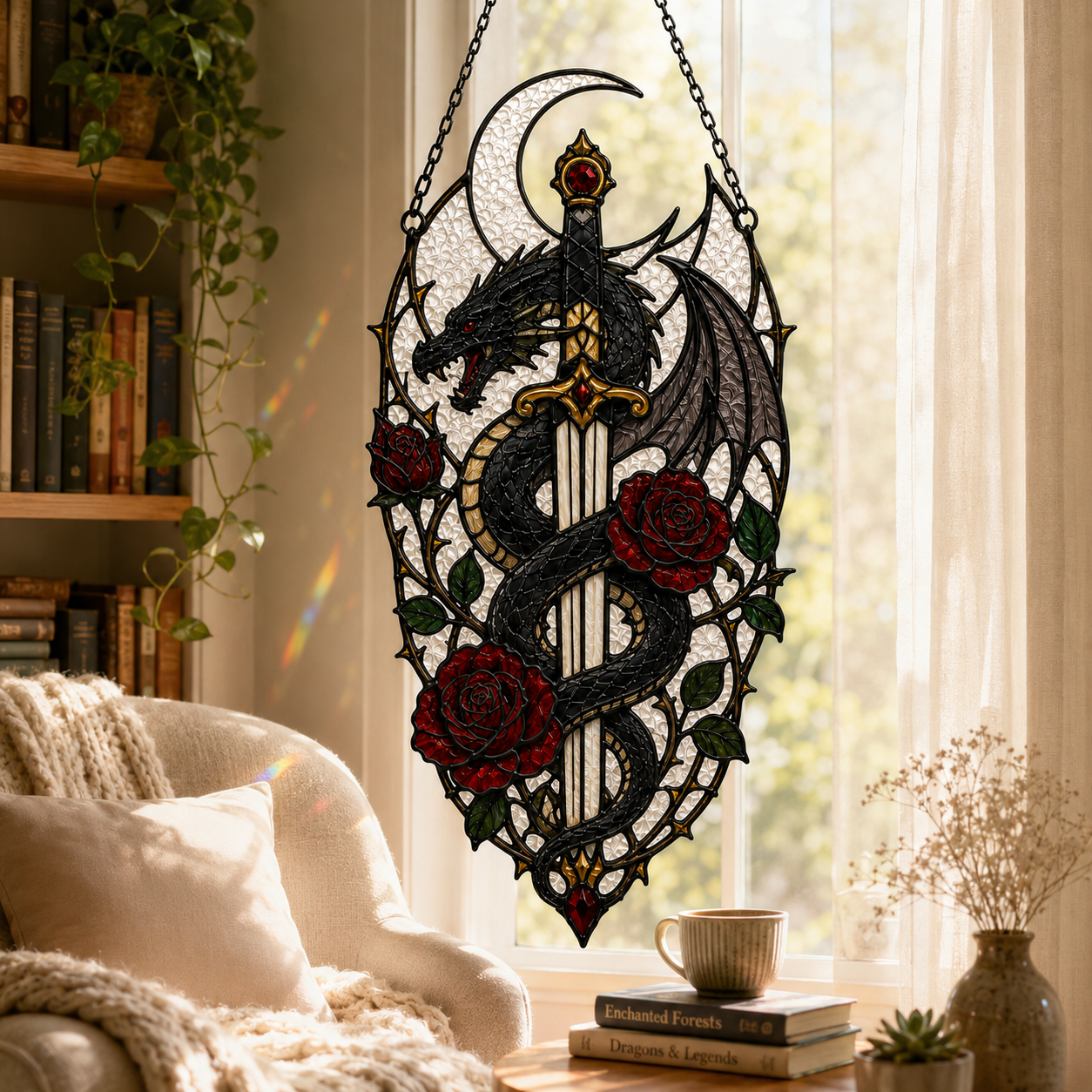 20 Style Gothic Dragon Sword Suncatcher | Stained Glass Style Window Hanging | Dark Romance Decor | Witchy Dragon Gift | Car Ornament