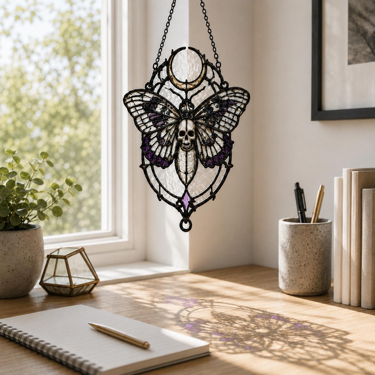 20 Style Gothic Moth Skull Suncatcher | Death Moth Stained Glass Style Window Hanging | Witchy Moon Decor | Car Ornament Gift