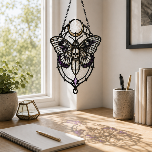 20 Style Gothic Moth Skull Suncatcher | Death Moth Stained Glass Style Window Hanging | Witchy Moon Decor | Car Ornament Gift
