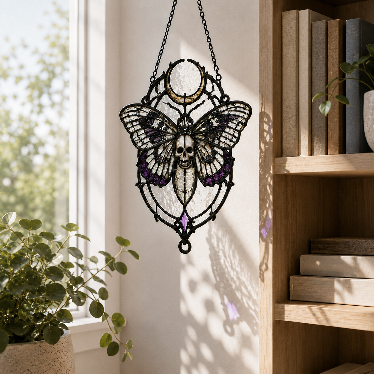 20 Style Gothic Moth Skull Suncatcher | Death Moth Stained Glass Style Window Hanging | Witchy Moon Decor | Car Ornament Gift