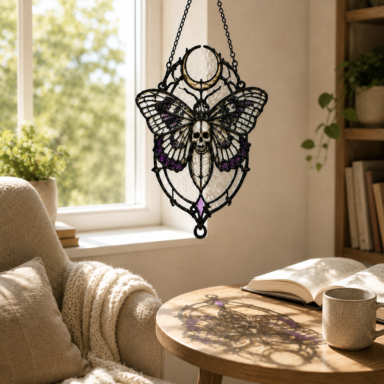 20 Style Gothic Moth Skull Suncatcher | Death Moth Stained Glass Style Window Hanging | Witchy Moon Decor | Car Ornament Gift