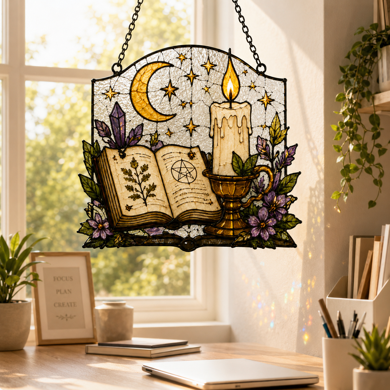 Witchy Spell Book Suncatcher | Candle Moon Stained Glass Style Window Hanging | Pagan Gift | Car Ornament Decor