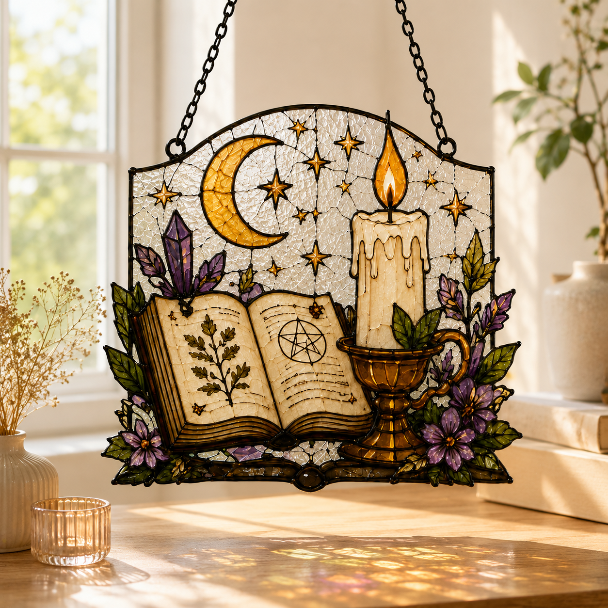 Witchy Spell Book Suncatcher | Candle Moon Stained Glass Style Window Hanging | Pagan Gift | Car Ornament Decor