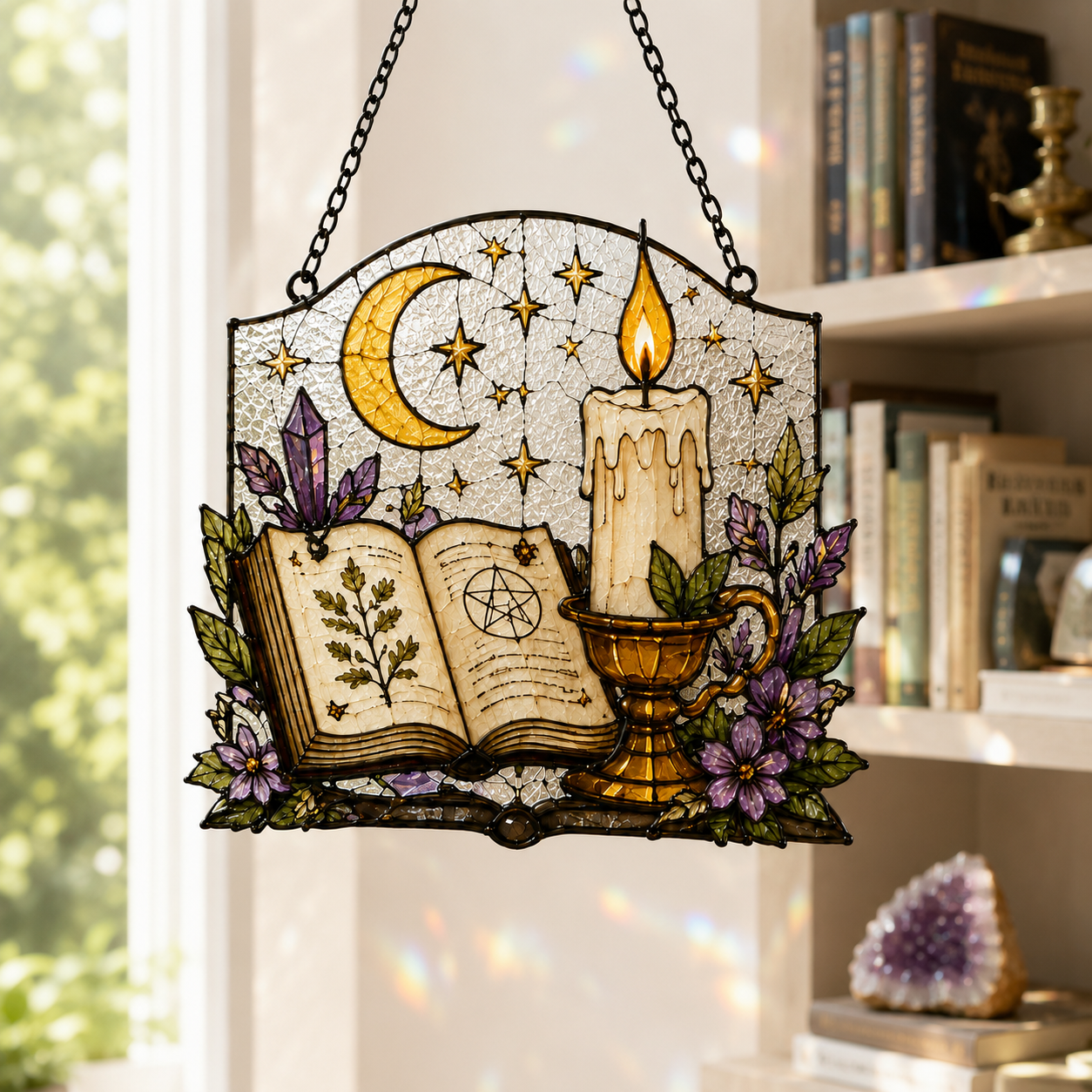 Witchy Spell Book Suncatcher | Candle Moon Stained Glass Style Window Hanging | Pagan Gift | Car Ornament Decor
