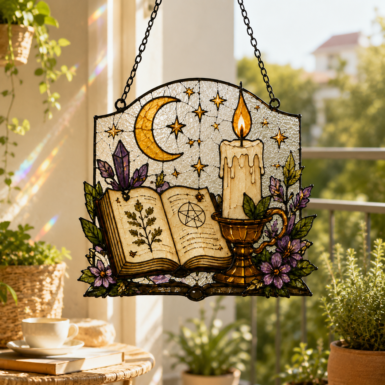 Witchy Spell Book Suncatcher | Candle Moon Stained Glass Style Window Hanging | Pagan Gift | Car Ornament Decor