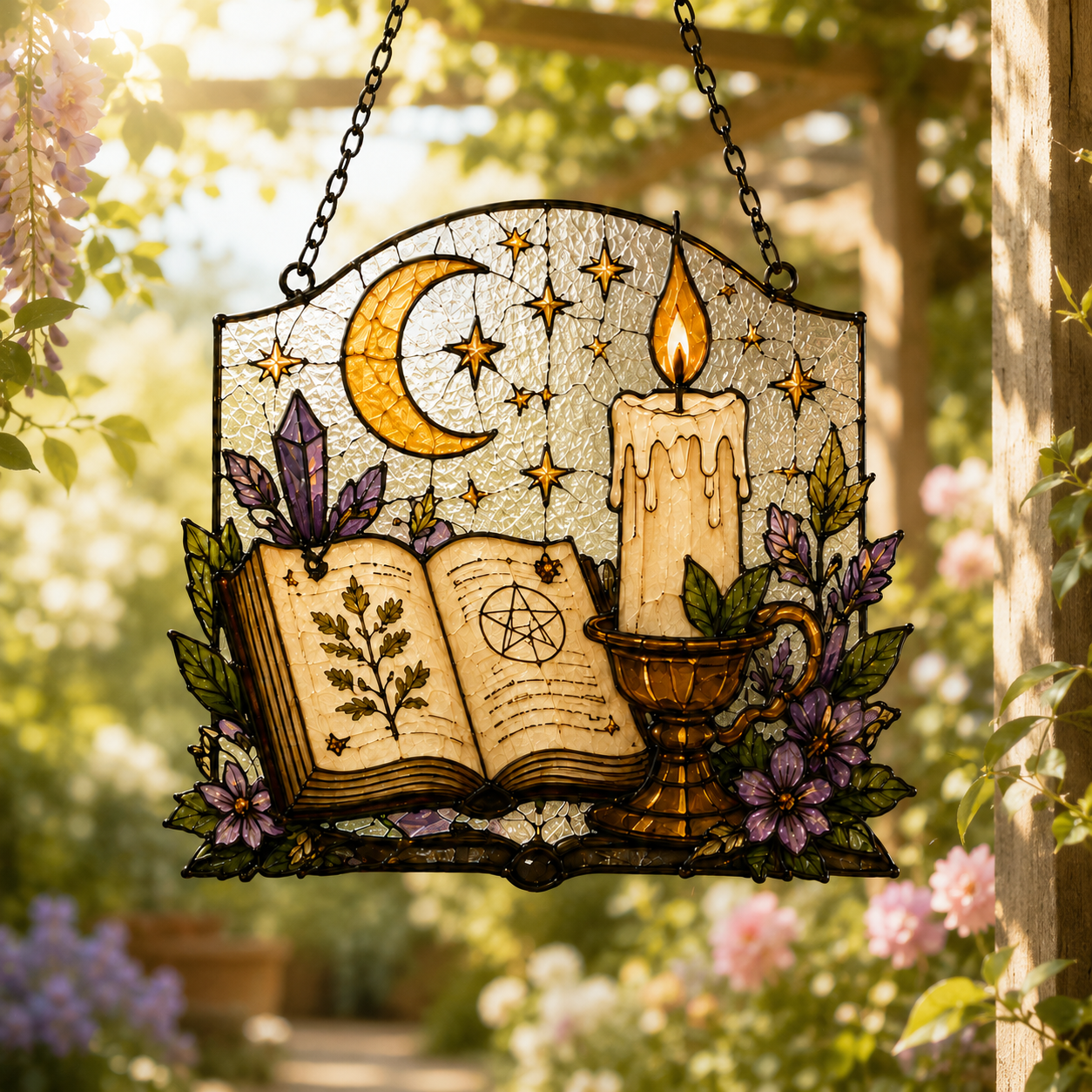 Witchy Spell Book Suncatcher | Candle Moon Stained Glass Style Window Hanging | Pagan Gift | Car Ornament Decor