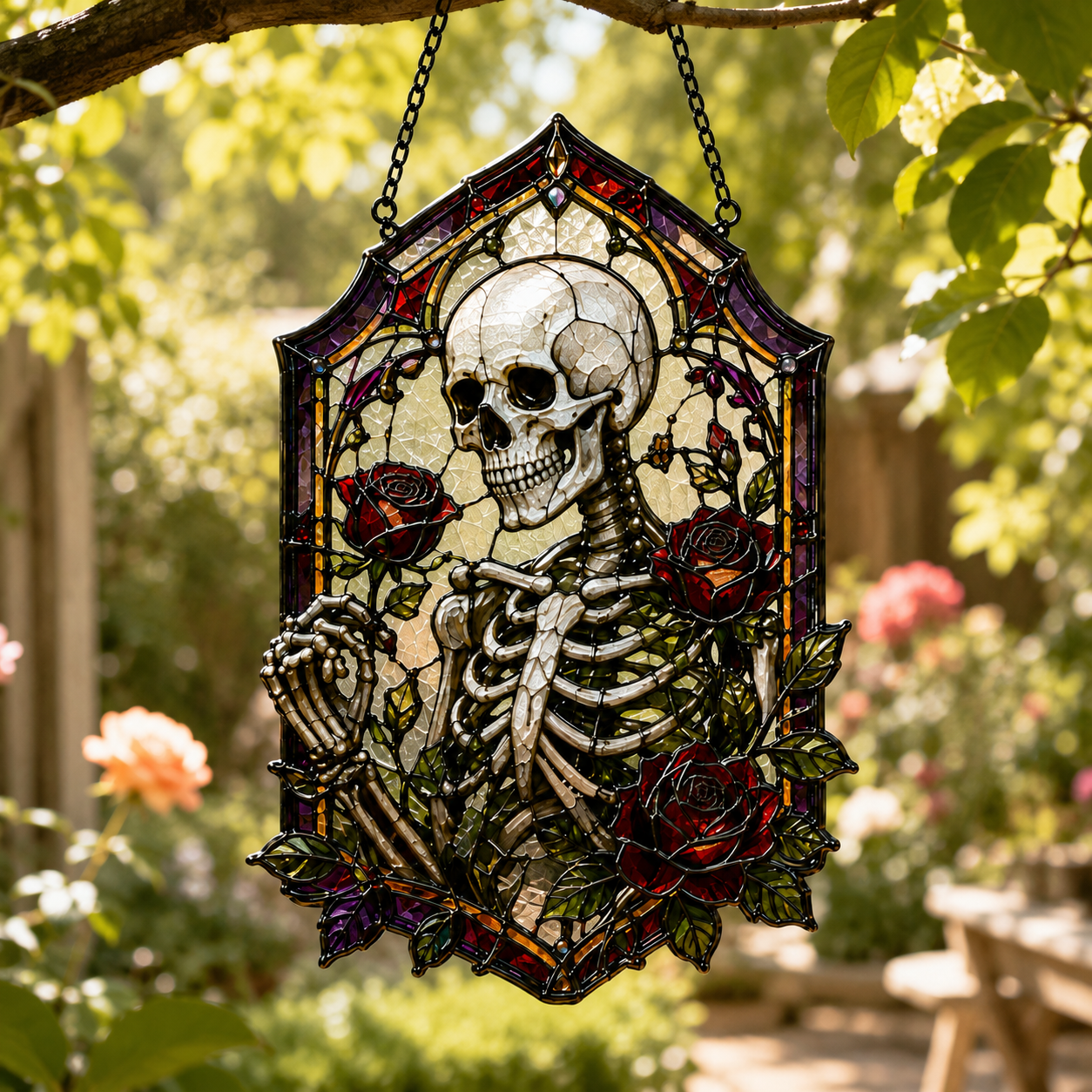 18 Style Gothic Skeleton Suncatcher | Rose Stained Glass Style Window Hanging | Dark Academia Decor | Witchy Gift | Car Ornament
