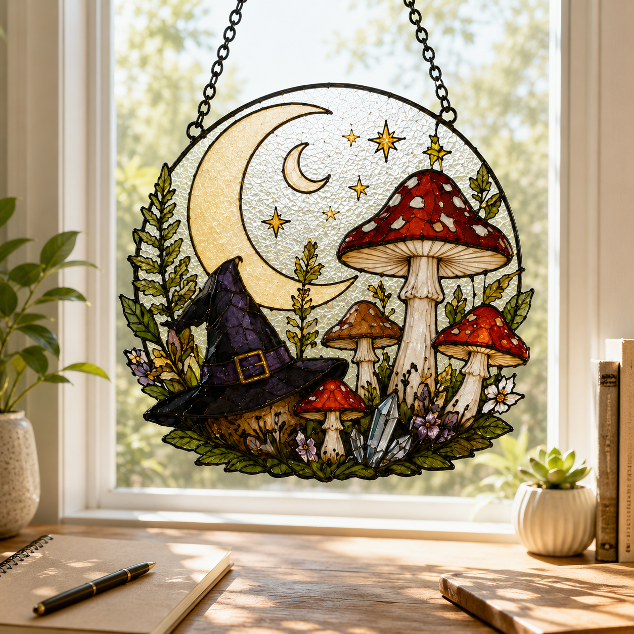 Witchy Mushroom Suncatcher | Moon Stained Glass Style Window Hanging | Cottagecore Fairycore Decor | Car Ornament Gift