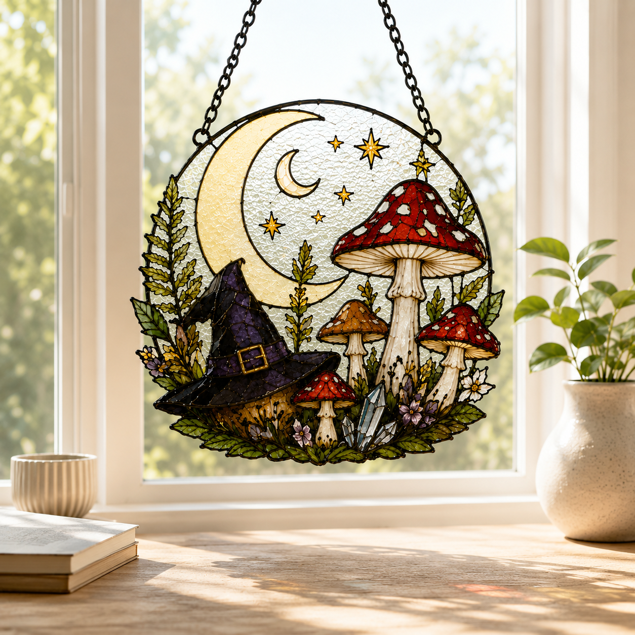 Witchy Mushroom Suncatcher | Moon Stained Glass Style Window Hanging | Cottagecore Fairycore Decor | Car Ornament Gift