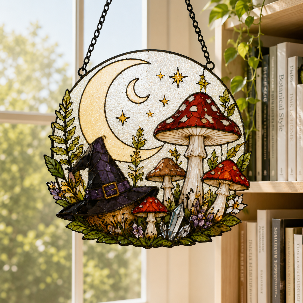 Witchy Mushroom Suncatcher | Moon Stained Glass Style Window Hanging | Cottagecore Fairycore Decor | Car Ornament Gift