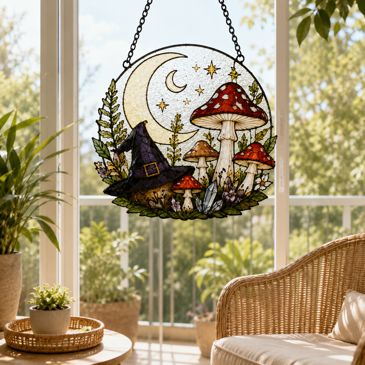 Witchy Mushroom Suncatcher | Moon Stained Glass Style Window Hanging | Cottagecore Fairycore Decor | Car Ornament Gift