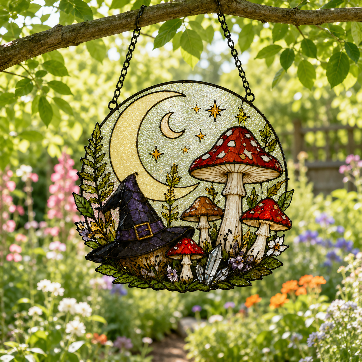 Witchy Mushroom Suncatcher | Moon Stained Glass Style Window Hanging | Cottagecore Fairycore Decor | Car Ornament Gift