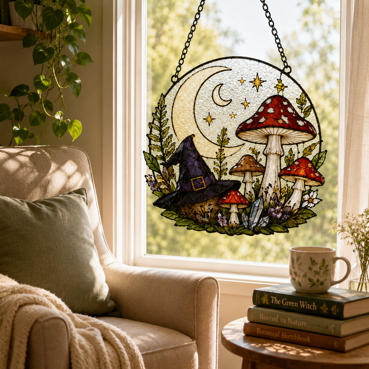 Witchy Spell Book Suncatcher | Candle Moon Stained Glass Style Window Hanging | Pagan Gift | Car Ornament Decor