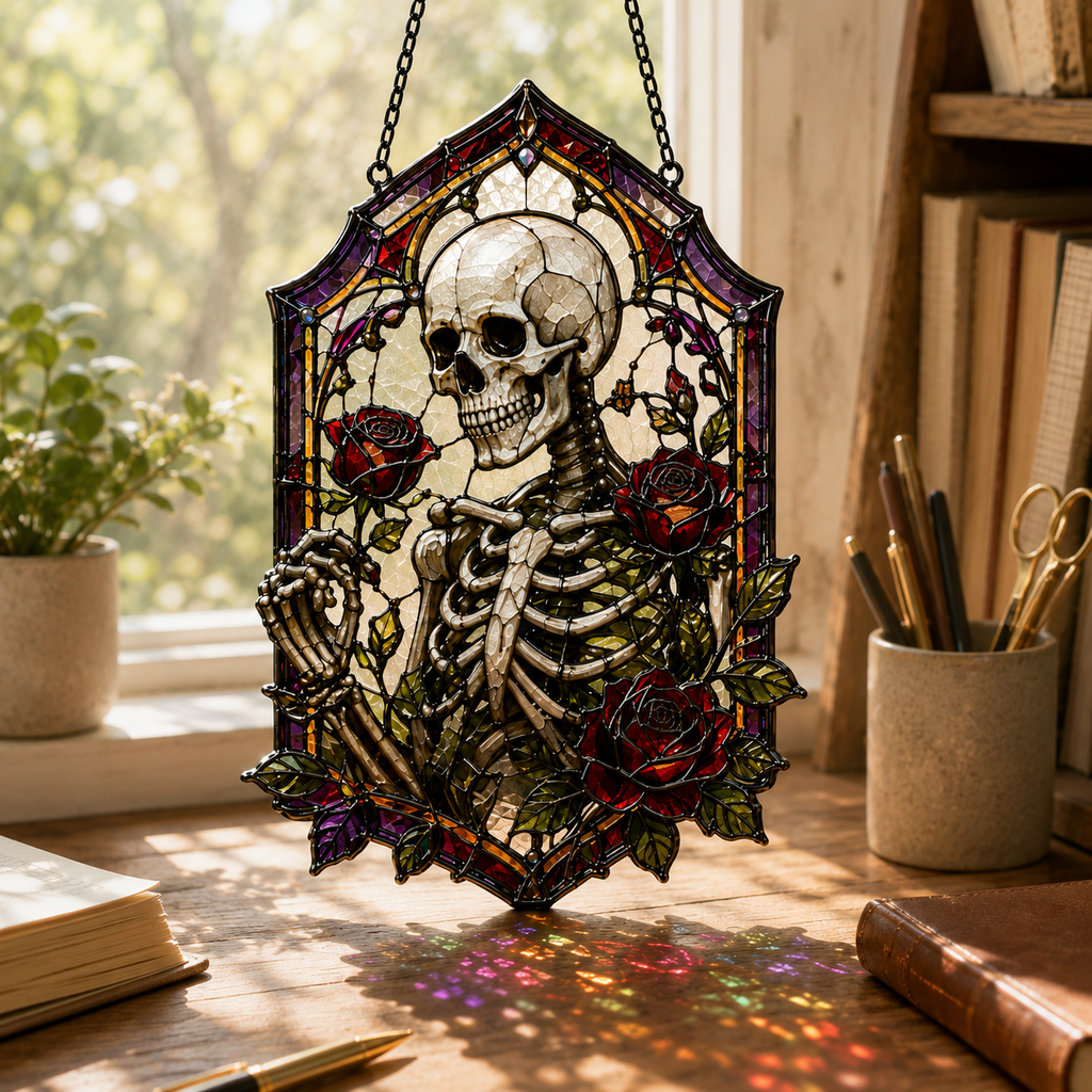 18 Style Gothic Skeleton Suncatcher | Rose Stained Glass Style Window Hanging | Dark Academia Decor | Witchy Gift | Car Ornament