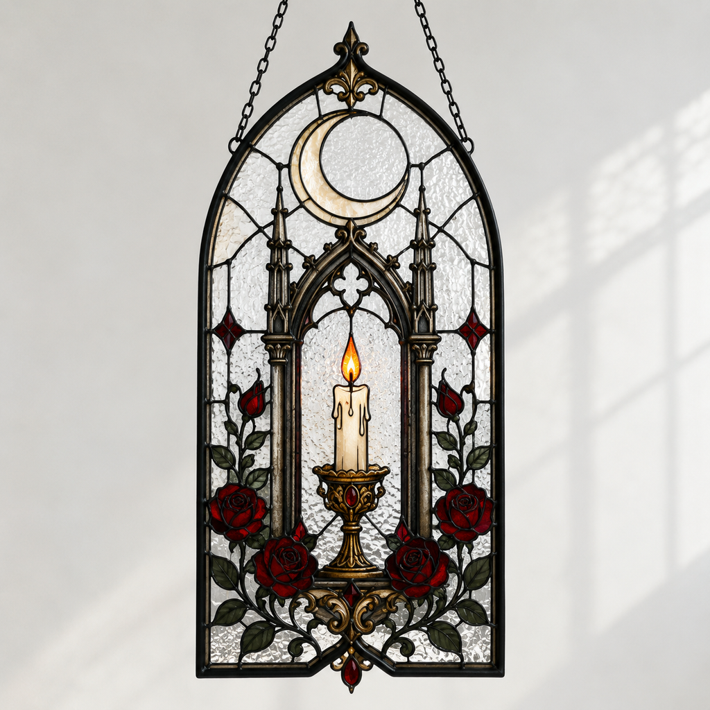 12 Style Gothic Rose Heart Suncatcher with Red Crystal Drop | Stained Glass Style Window Hanging | Romantic Gothic Gift