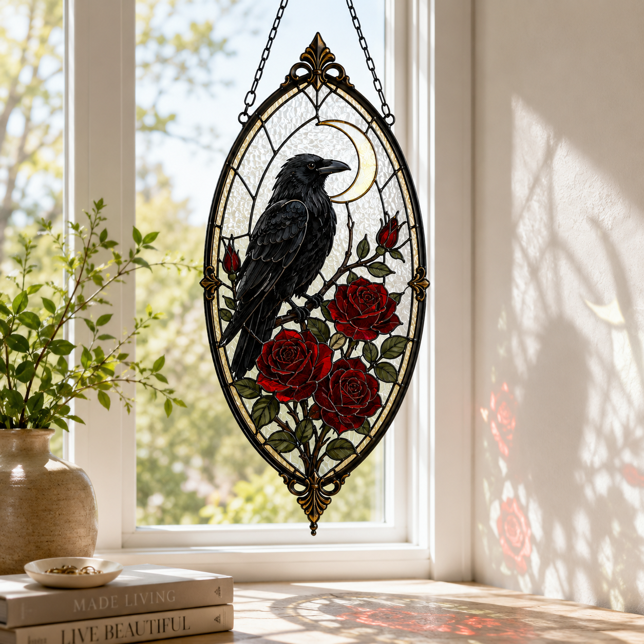 12 Style Gothic Raven Rose Suncatcher | Moon Stained Glass Style Window Hanging | Crow Bird Decor | Witchy Car Ornament Gift